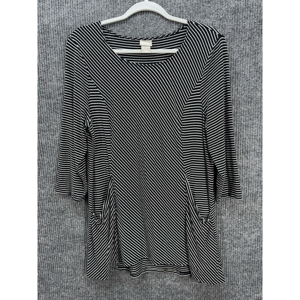Chicos Knit Tunic Top Size 2/Large Black White Pockets Striped 3/4 Sleeve Scoop
